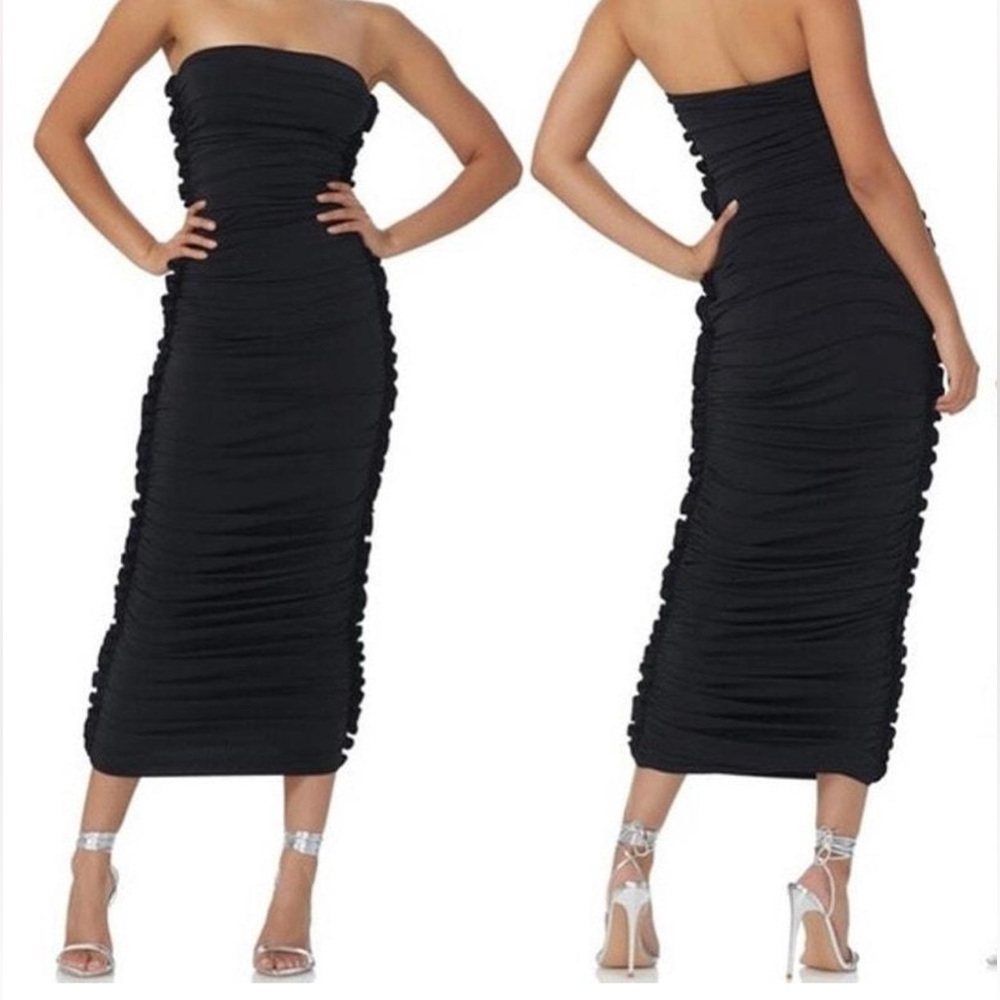 AFRM Elegant Black Bodycon Ruched Strapless Long Dress Side Ruffle  Small.   NWT